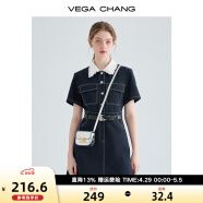 VEGA CHANG牛仔连衣裙夏季女2024年新款法式蕾丝娃娃领衬衫裙子 古着蓝 S