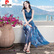 皮尔卡丹夏季系带V领无袖超仙雪纺连衣裙长裙沙滩裙女岛海边度假 图片色  S