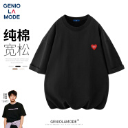 GENIOLAMODE品牌刺绣短袖T恤男女同款韩版宽松休闲纯棉五分袖夏季舒适透气t恤