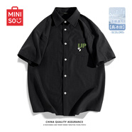 名创优品（MINISO）学生夏季百搭短袖男凉感速干冰丝衬衫青年翻领纽扣开衫休闲薄外套 黑色(步步高升胸标) XL 180 (不易起球掉色)