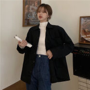 韩潮袭人（HAN CHAO XI REN）法式短袖牛仔外套衬衫女夏季新款设计感短款上衣宽松衬衣 黑色 M码(建议105-115斤)