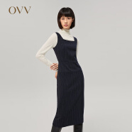 OVV2022秋冬新款女装法式方领竖条纹宽吊带学院风修身无袖背心裙 藏青条纹A1 S