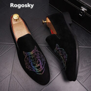 Rogosky专柜潮牌皮鞋男士透气内增高男鞋尖头商务休闲鞋套脚青年懒人鞋 黑色正常版 37