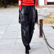 LANWEIFEILEI秋冬加绒民族风灯笼裤宽松牛仔裤女复古坠感阔腿妈长裤 松紧腰长裤【35521春秋款】黑灰色 M 建议95斤到105斤