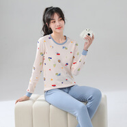 牛牛萌宝青少年儿童秋衣秋裤套装男女中大童女生圆领粉色内衣小初中学生 米色樱桃(上衣+裤子) 175码(适合166-170cm身高)