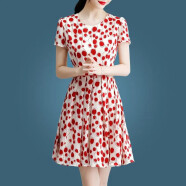 勇伦连衣裙女短袖2023夏季新款女装时尚气质雪纺裙子中长款蕾丝夏裙 8509红色圆点 XL（建议115-122斤）