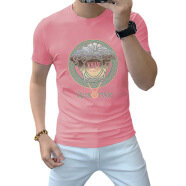 NPZ 港风潮牌夏季薄款丝光棉烫钻男士短袖T恤修身透气半袖男装 粉红色 S