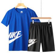 欧联霸运动套装短袖男夏季跑步服休闲两件套速干衣T恤五分裤足球训练服 蓝色 M（建议80-100斤）
