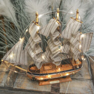 Snnei仿真木质帆船模型摆件 一帆风顺木船装饰 生日礼物毕业纪念品 《香槟色帆船》33cm成品+灯带