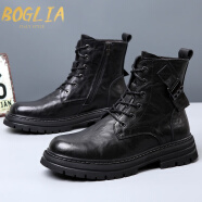 伯格利亚（BOGLIA）品牌马丁靴男冬季新款高帮工装靴复古加绒保暖时尚男靴 黑色加绒 37