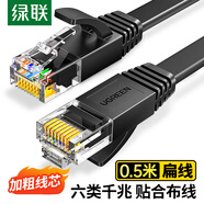 绿联六类网线 千兆网络宽带线 CAT6类家用电脑监控扁平网线 8芯双绞成品跳线 0.5米 黑色50172