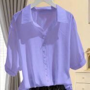 元乐申雪纺短袖衬衫女夏季薄款新款高级感法式V领中袖上衣 紫色 6188 S 建议85-95斤