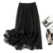 菲奢兰桑蚕丝大摆半身裙三层真丝女纯色气质仙大摆中长裙 黑色 宽松均码