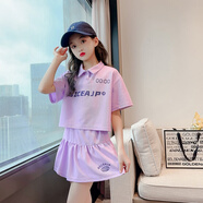 迪士尼品牌童装女童套装夏季套裙儿童夏装短袖T恤半身裙子两件套中大童 D210 紫色 130