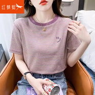 红蜻蜓条纹短袖t恤女宽松韩版女装年夏季新款百搭体恤圆领半袖上衣 紫色短袖 XL 建议125-135斤