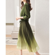 德玛纳（dme）连衣裙设计感渐变雪纺立领松紧腰五分袖印花X型中长款 军绿 L