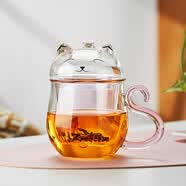 美斯尼 玻璃杯茶水分离杯泡茶杯高颜值女士粉色喝水杯子 猫咪杯 480ml
