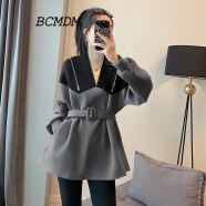 BCMDM 香港潮牌西装领拼接卫衣女 2023秋季新款韩版收腰长袖套头上衣 灰色 S