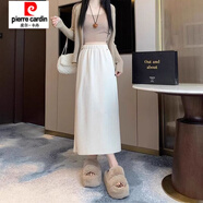 皮尔卡丹（pierre cardin）灯芯绒半身裙女秋冬季新款裙子松紧高腰a字中长裙开叉显瘦加绒裙 杏色#【春秋】 薄款 M 建议96-105斤