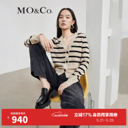 MO&Co.秋季羊毛羊绒条纹短款针织衫开衫MBB3CAR017 杏黑条-第1批 XS/155