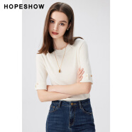 红袖（hongshow）商场同款HOPESHOW翻边针织衫新款女装螺纹拼接毛衣 本白001 S