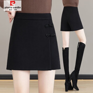 皮尔卡丹（pierre cardin）毛呢裙裤女秋冬新款高腰宽松百搭显瘦阔腿a字短裤裙外穿靴裤 黑色 L 110-120斤