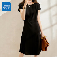 真维斯（JEANSWEST）连衣裙女夏季时尚显瘦收腰通勤短袖圆领裙子黑色S