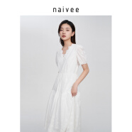 纳薇（naivee）商场同款naivee纳薇22夏原创定位花瓣刺绣棉白多层细褶仙女连衣裙 白色 165/88A/L