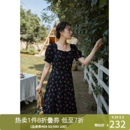 独束大码女装抽绳设计碎花连衣裙女夏季新款胖mm法式茶歇裙 黑底红花  M