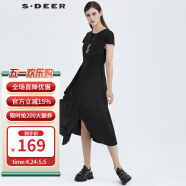 S.DEER圣迪奥女装复古圆领立体裁剪不规则短袖连衣裙S21261236 黑色/91 S/160