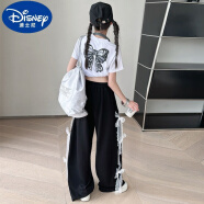 迪士尼（Disney）女童2024夏季新款蝴蝶结针织套装美式原创设计针织裤蝴蝶短袖T恤 黑裤加白T 120cm