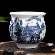 青花瓷茶杯陶瓷茶杯青花瓷双层隔热杯子家用不烫手的水杯功夫 古代园林 6.7X6.8cm   80ml