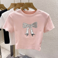 SXA2024夏季高级感蝴蝶结短袖T恤女设计感小众辣妹短款白色正肩上衣 粉色 S