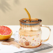 拜杰高硼硅牛奶杯早餐杯水杯杯子小熊玻璃水杯带盖带吸管600ML