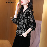 ROWILUX奢侈 品牌长袖腰果花真丝丝绒短外套女式开衫夹克复古桑蚕丝上衣 黑色 XL