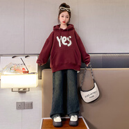 柚一杉女童卫衣秋冬新款加绒连帽上衣韩版休闲中大童时髦洋气儿童衣服潮 酒红色 加绒 160（建议身高155cm左右）