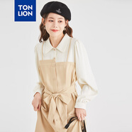 唐狮拼接假两件连衣裙春夏女长袖收腰显瘦衬衫裙 卡其 M