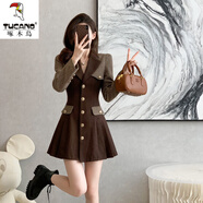啄木鸟高级感美拉德西装百褶连衣裙女秋冬新款赫本风小个子修身显瘦短款 咖色 【送腰带】 M 【96-107斤】