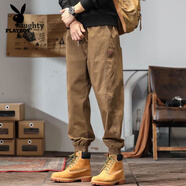 花花公子英伦雅痞工装裤男士秋冬季潮牌宽松束脚裤新款2025直筒休闲长裤子 深卡其色 M 【适合115-130斤】