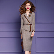 菲梦伊原创含羊毛连衣裙女高端品质收腰商务气质包臀裙职业工作服 卡其色 XL