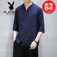 PLAYBOY ESTABLISHED 1953男士加肥加大t恤潮流中国风男装七分袖宽松亚麻棉麻t桖 藏青色 M