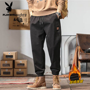 花花公子英伦雅痞工装裤男士秋冬季潮牌宽松束脚裤新款2025直筒休闲长裤子 黑色加绒 3XL 【适合180-200斤】