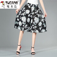 啄木鸟夏季中年裙裤女短款高腰五分中裤女装薄款花色碎花阔腿裤冰丝中裤 新(裤子)7号 松紧腰围 建议90-150斤穿