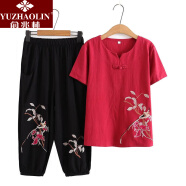 俞兆林（YUZHAOLIN）妈妈夏装中老年大码女装民族风刺绣短袖T恤衫女奶奶套装短袖上衣 1881-红色套装 4XL(建议130-145斤)