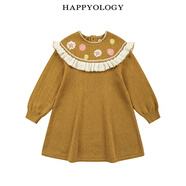 happyology英国儿童春秋裙子荷叶边毛织绣花长袖连衣裙 焦糖色 98 (98cm)