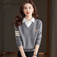 拉夏贝尔（La Chapelle）假两件翻领女装针织衫长袖上衣2024年秋冬纯色衬衫领打底洋气毛衣 纯100自动发热灰色【版面料】 纯100自动发热M 建议95-110斤