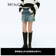 MO&Co.2024春新品手缝钻做旧破洞高腰牛仔短裙半身裙MBD1SKT022 牛仔蓝色 XS/155