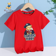 Classic Teddy精典泰迪儿童短袖T恤童装女童上衣男童夏装宝宝衣服1 棒球帽子熊织标短袖大红 110