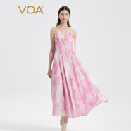 VOA提花桑蚕丝V领无袖露背修身淑女优雅可调节吊带真丝连衣裙 AE1373 冬日梅粉（F77） XL