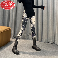 浪莎（LangSha）印花休闲网纱裤女外穿高腰弹力透气长裤欧货小脚裤潮牌花色夏季 潮女字母涂鸦 均码 薄款80-150斤均可